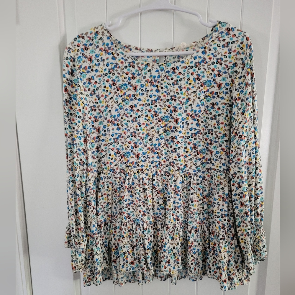 Jane and Delancey Floral Print Women's Top Long Sleeve Ruffle Hem Medium
